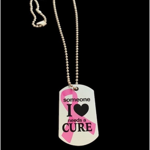 Someone I Love Needs A Cure Metal Dog Tag Jewelry Breast Cancer Ribbon Necklace - Picture 2 of 4